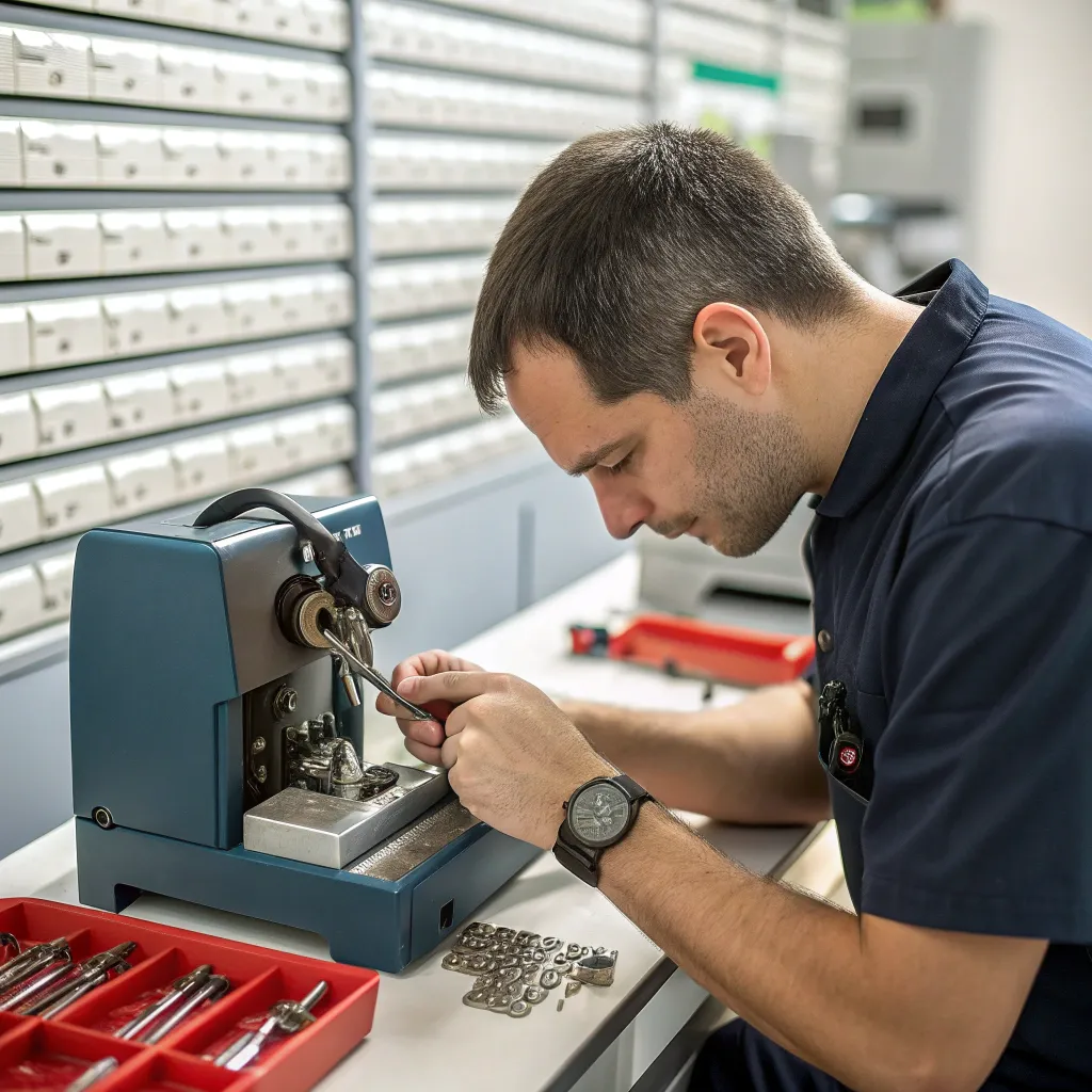 A technician precisely duplicating keys